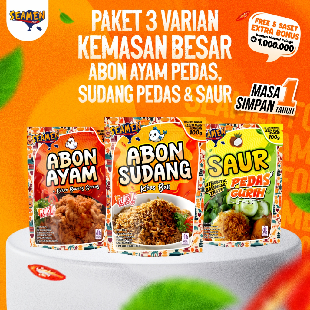PAKET 3 VARIAN KEMASAN BESAR ABON AYAM PEDAS, SUDANG PEDAS & SAUR. Masa Simpan 1 Tahun