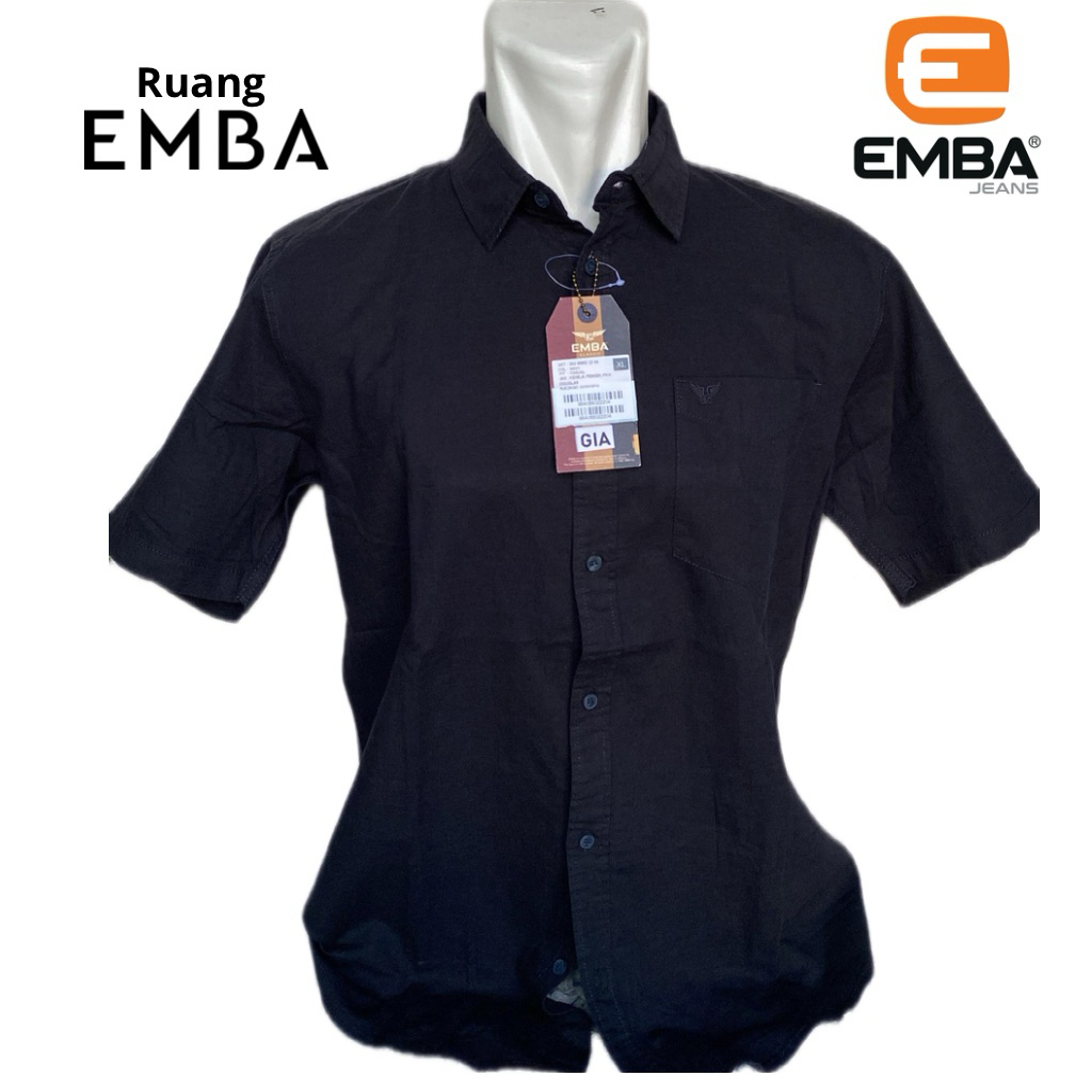 EMBA - Kemeja Pria EMBA Casual Lengan Pendek Hitam Pekat Katun Tebal