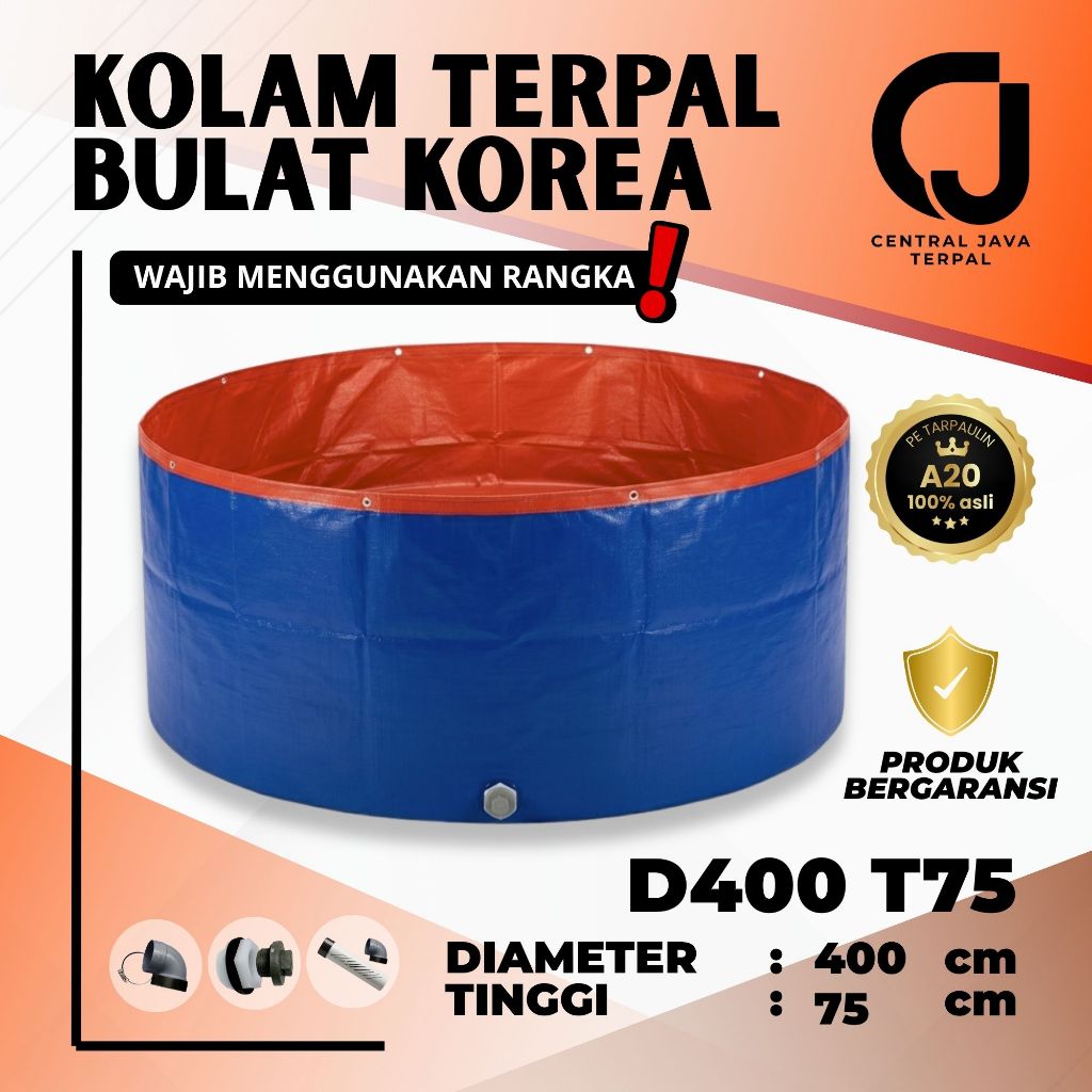 Kolam Terpal Bulat Bundar A20 Diameter 4m Tinggi 0.75m - D400 T75 cm Untuk Budidaya Ikan Lele Gurame