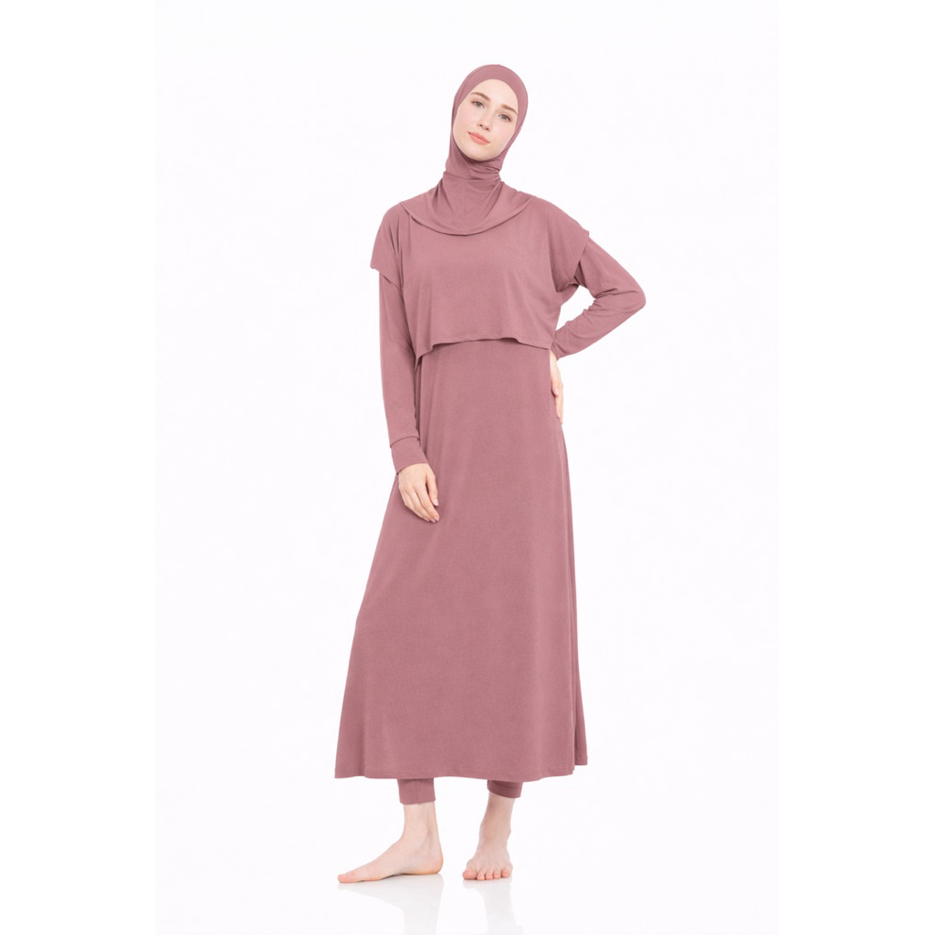 ZAWA Long Tunic Muslimah Swimwear Mauve - Baju Renang Muslimah Tunik Hijab Syari Sporty Remaja Perem