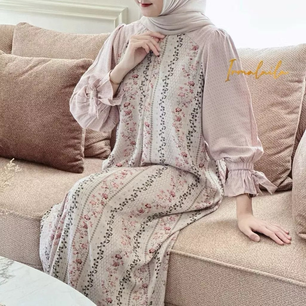 Ellena Dress Gamis Wanita Rayon Motif Mix Rayon Jaguard Adem Nyaman Daily Bumil Busui Friendly - Ame