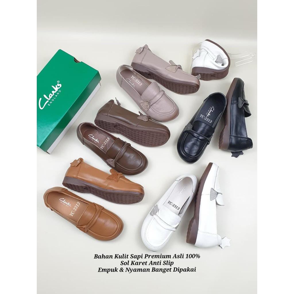 Sepatu Kulit Wanita Clarks YC-3313 Slip On Leather Cewek Perempuan