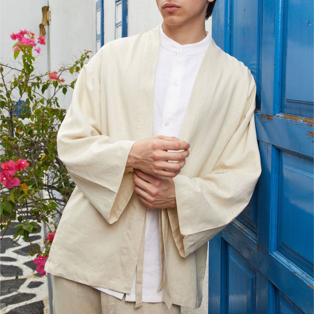 REMEDY Kimono Outer Linen Pria Lengan Panjang Casual Warna Krem - Cream Takumi Linen Outer