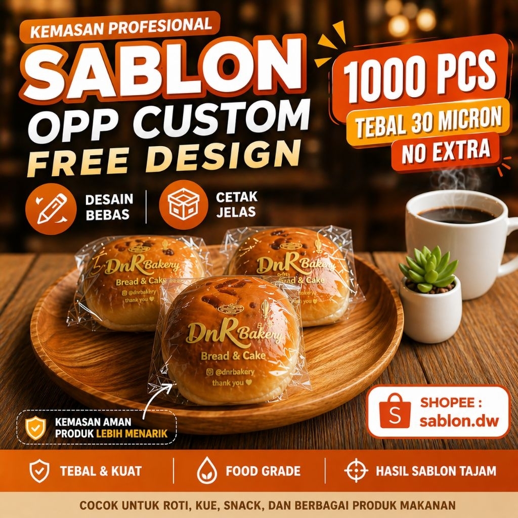 Sablon Plastik OPP Custom Logo Kemasan Roti Snack Bakery Transparan Free Desain tebal 30 micron 1000