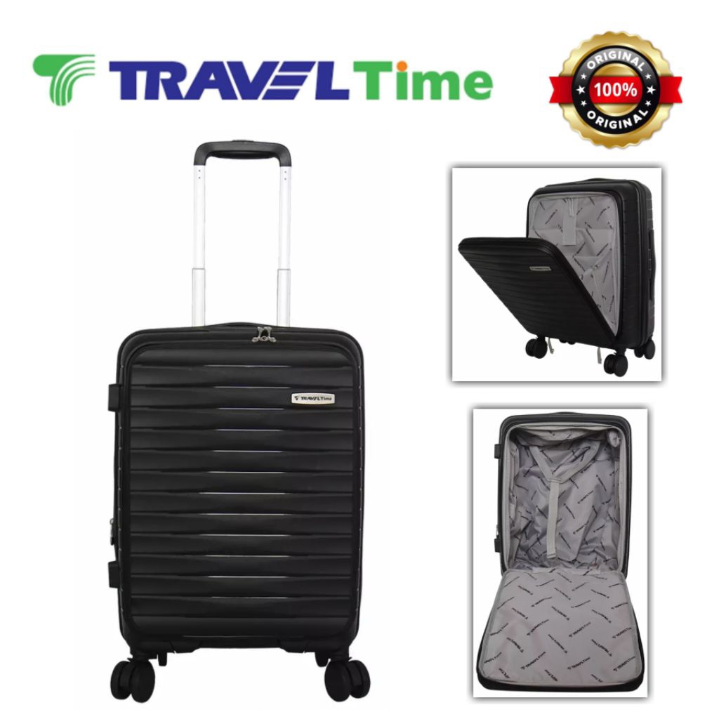 Koper Kabin Travel Time hardcase Laptop buka depan size 20" inch Original Expand - Black