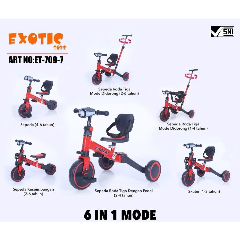 Exotic Toys Sepeda Anak Roda Tiga Multifungsi 6 in 1 Tricycle ET-709-7, sepeda anak, cocok untuk kad