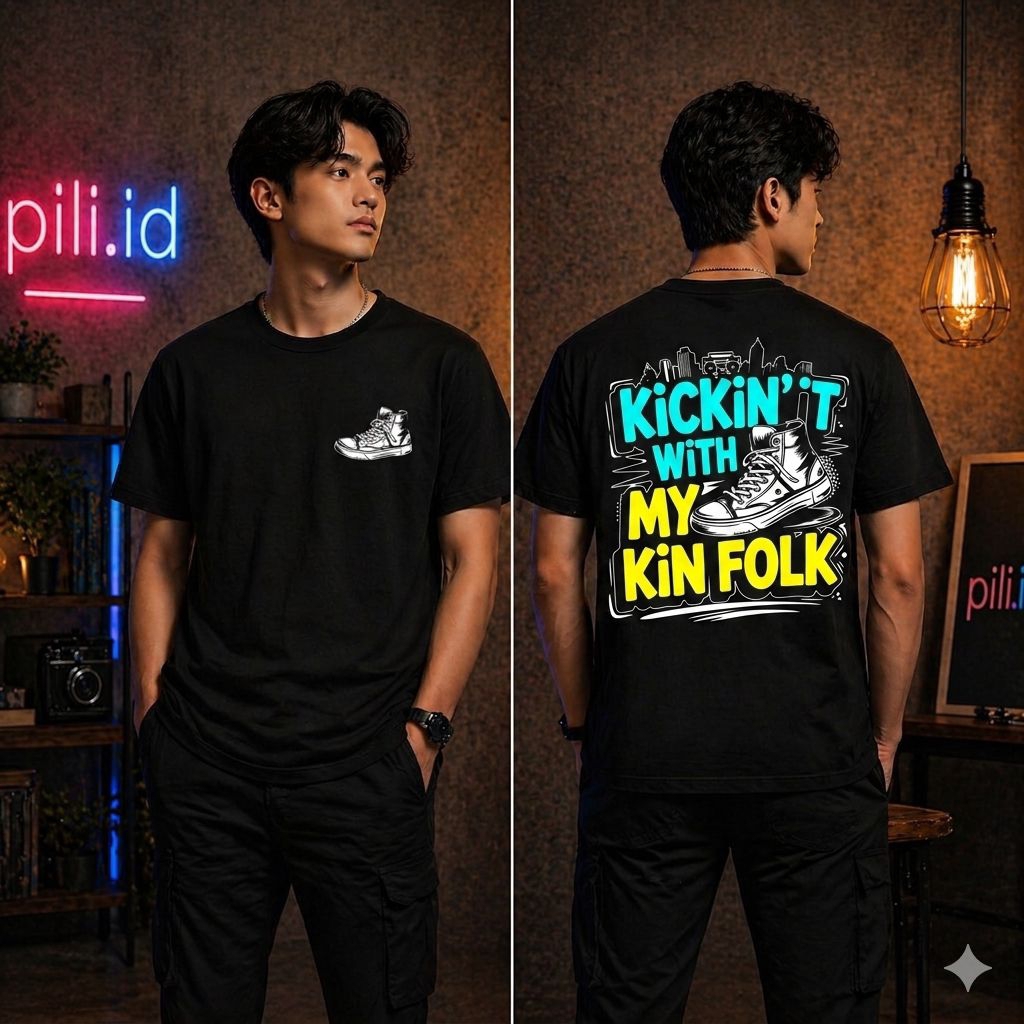 Kaos Distro Pria KICKIN IT WITH MY KIN FOLK Black Streetwear - Baju Kaos Hitam Gambar Sepatu Sablon 