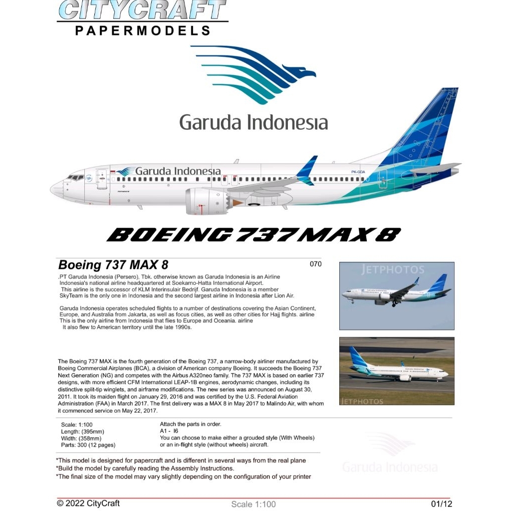 Lembaran pola papercraft pesawat boeing 737 Max 8 garuda indonesia skala 1:100 (3PQ-A31)