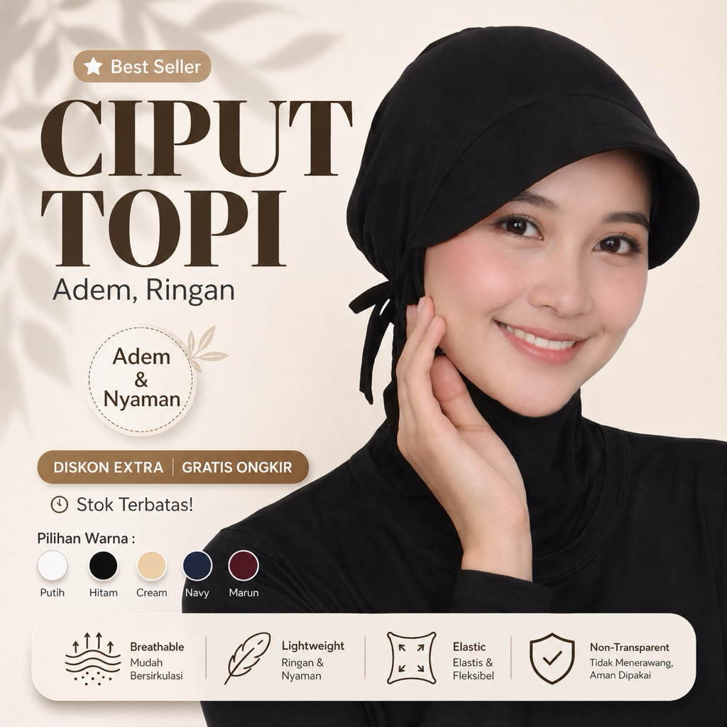 Ciput Topi Hijab Anti Letoy - Ciput Topi Rabbani Daleman Jilbab Dalaman Kerudung - Ciput Topi Segiti