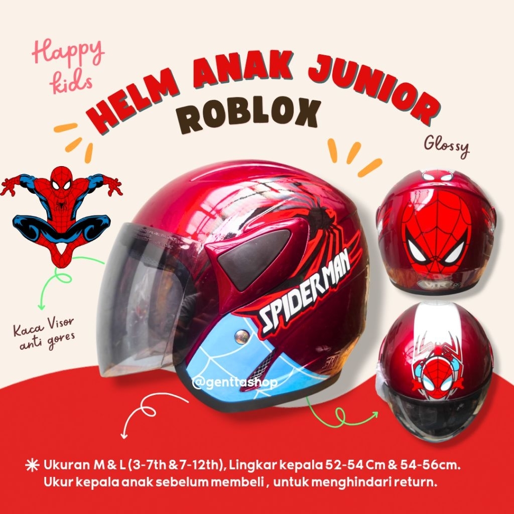 Helm Anak SNI Karakter Laki laki Spiderman Merah Glossy 3-12 Tahun Junior Remaja Kaca Smoke Hitam an