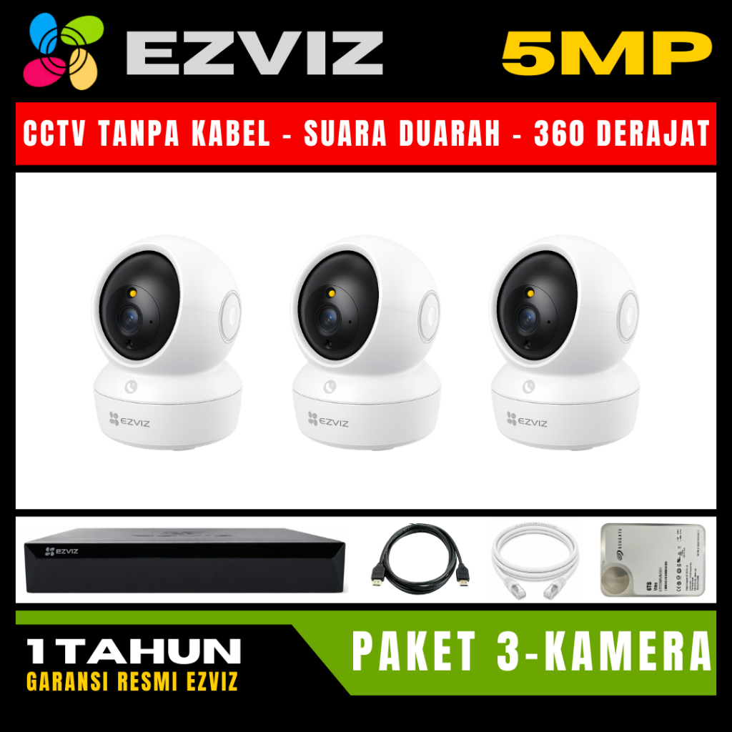 Paket CCTV EZVIZ 5MP 4 Channel 3 Kamera CCTV WIFI Camera Wireless Kamera Wifi