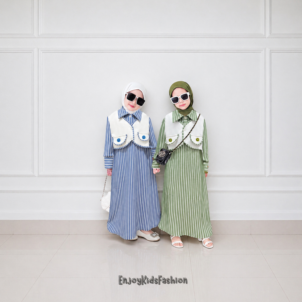 Gamis Lebaran Rompi Muslim Terbaru Model Garis-Garis Anak Perempuan Usia 1 Sampai 12 Tahun