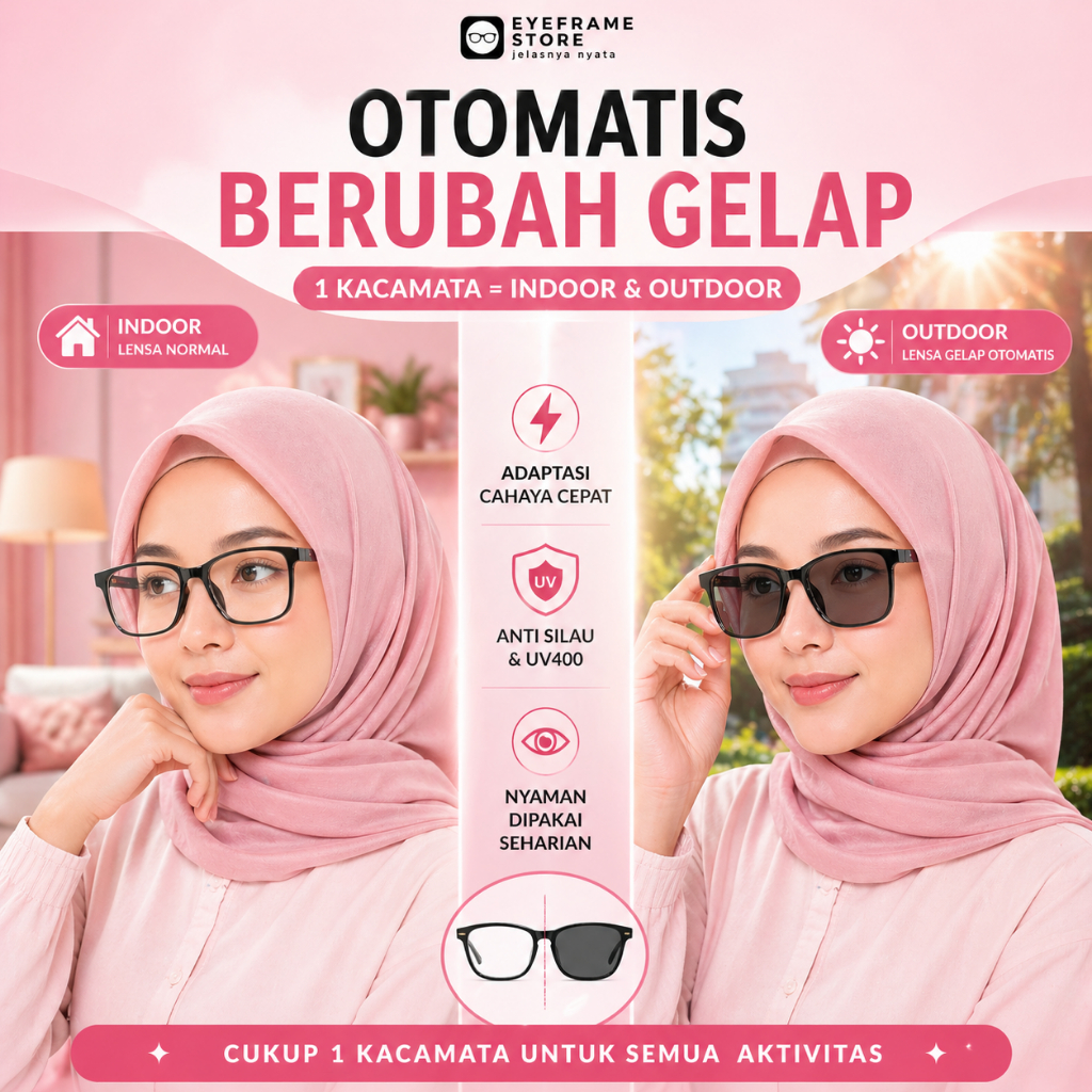 Kacamata Wanita Photocromic BC20 Anti Radiasi Blueray Bisa Minus Custom Frame Stylish Hijab