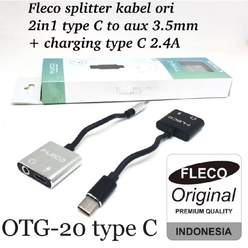 Adapter Spliter FLECO OTG-20 Kabel Type C 2 in 1 to Female AUX Headset 3.5mm & Charging Tipe C