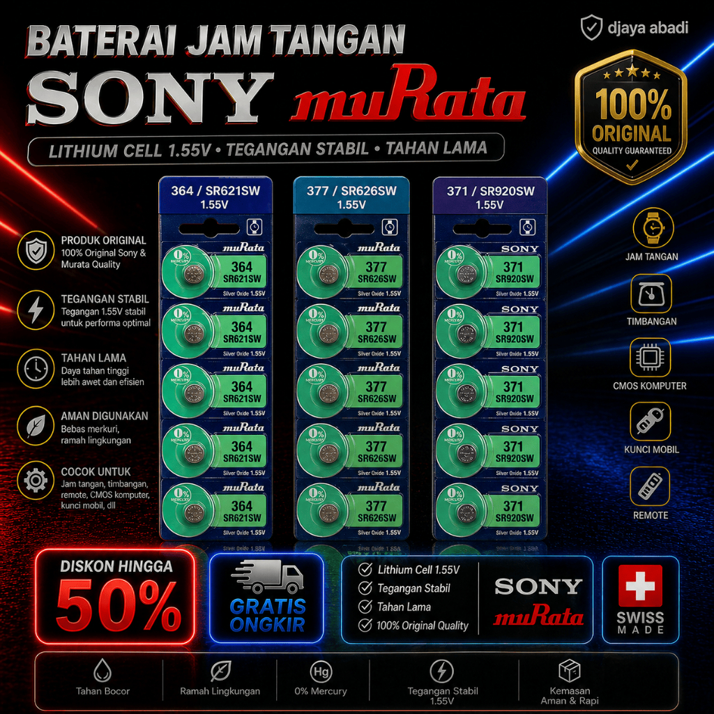 Baterai Jam Tangan Sony 626 377 621 364 920 371 1.55V Batre Kancing Murata LR626SW LR621SW LR920SW O