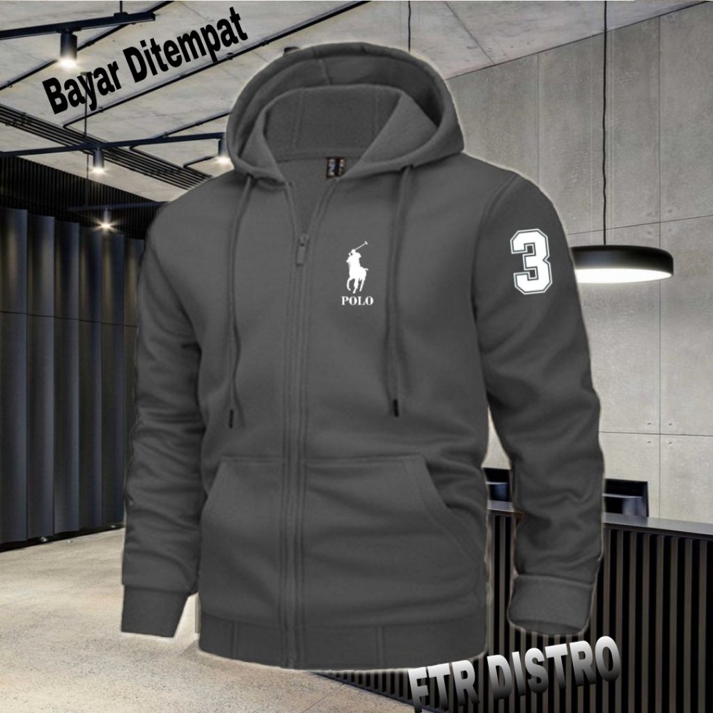 (COD) Jaket Resleting Distro Logo Polo+3 Text Putih Jaket Pria Wanita Terkeren Jaket Denim Distro Ka