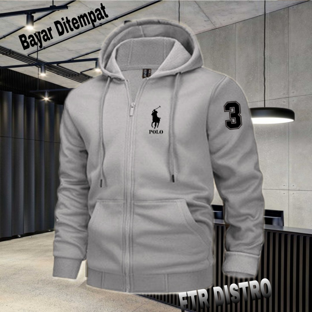(COD) Jaket Resleting Distro Logo Polo+3 Text Hitam Jaket Pria Wanita Terkeren Jaket Denim Distro Ka