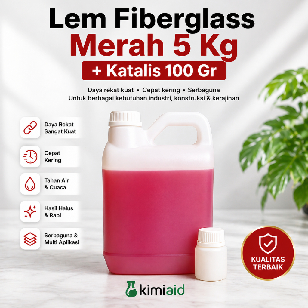Lem Fiberglass Merah 5 Kg + Katalis 100 Gr Baru Waterproofing Kerajinan Tangan Anti Bocor Transparan