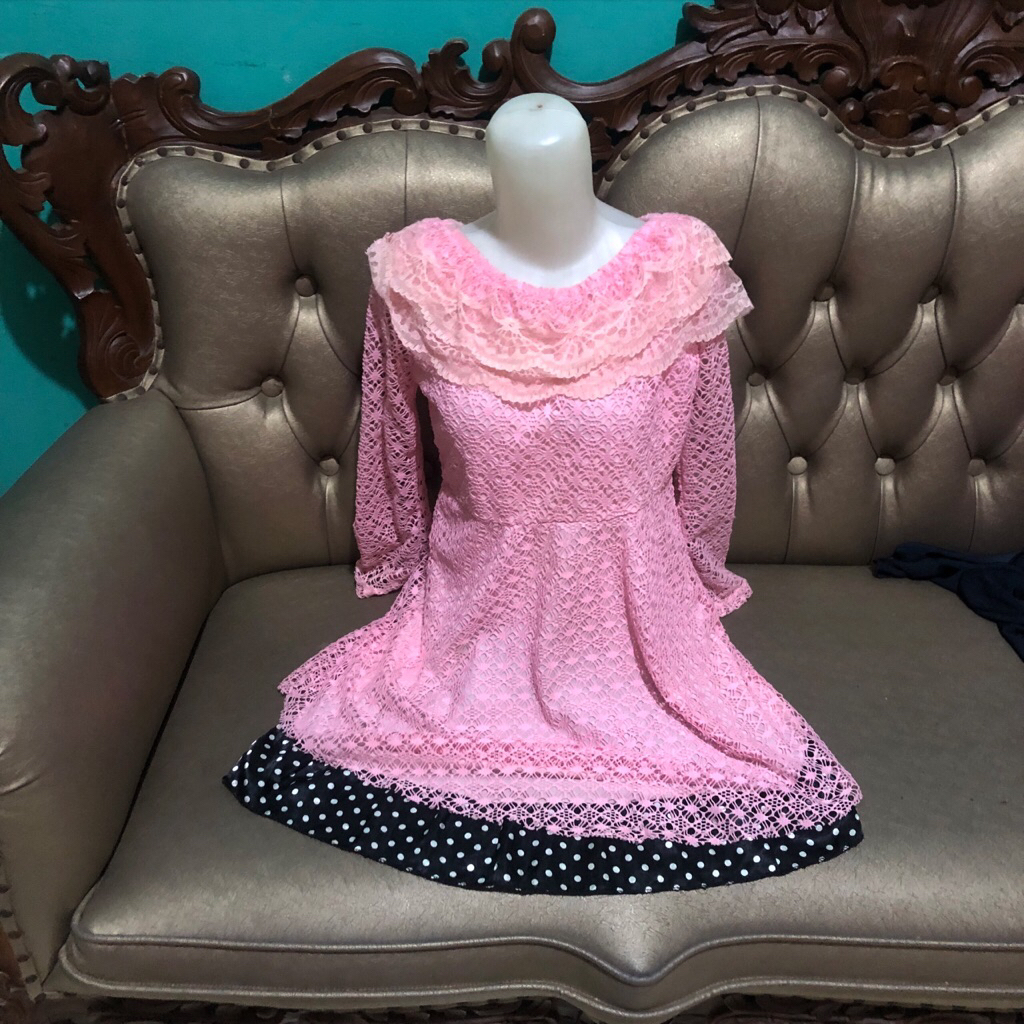 Dress pink lace renda kondangan lengan panjang pl preloved