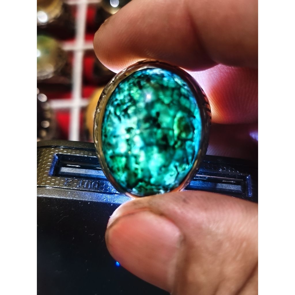 Cincin Batu Akik Sisik Naga Hijau Tua