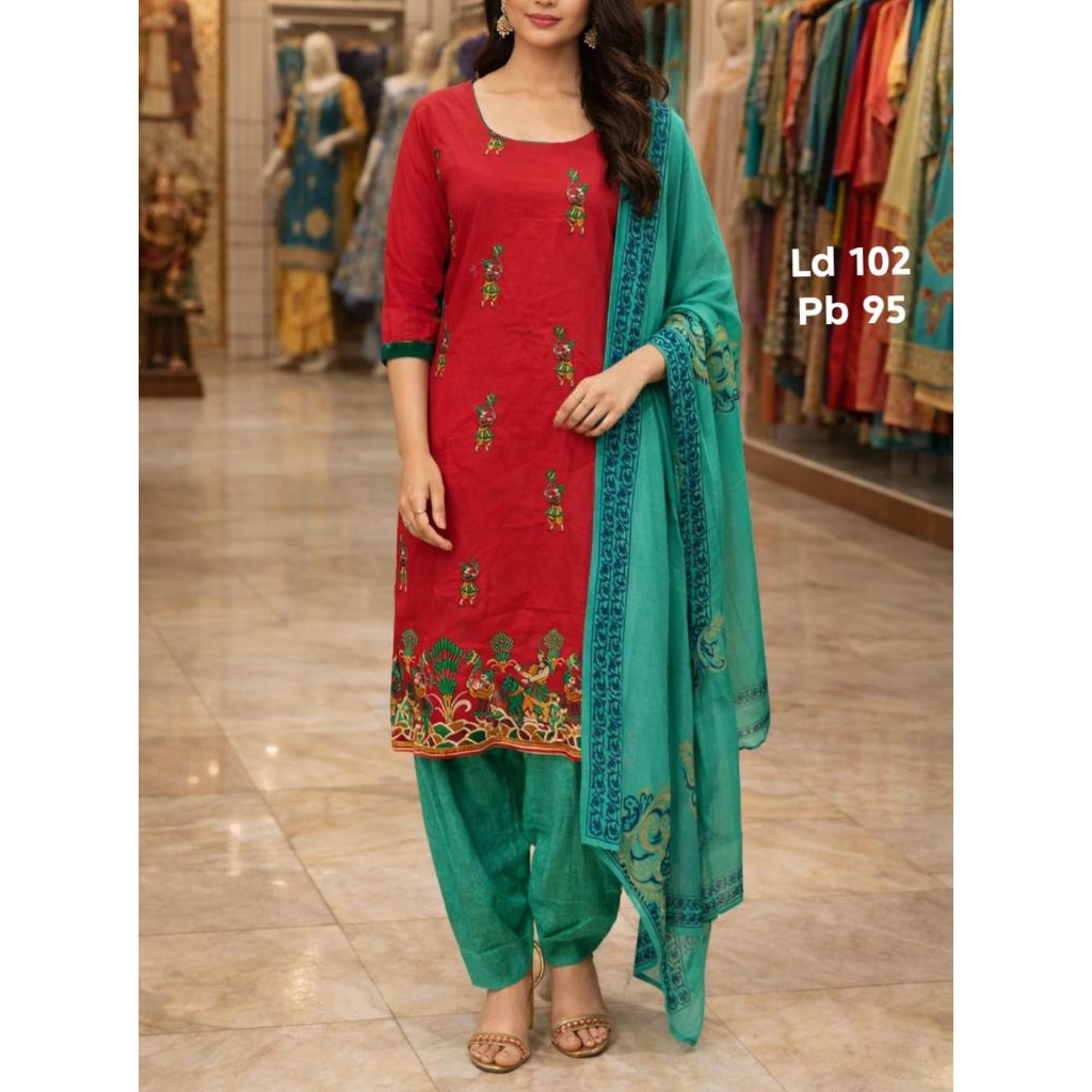 Punjabi suit Baju india Kurti Kurta wanita set katun bordir simpel Bollywood lengkap selendang dupat