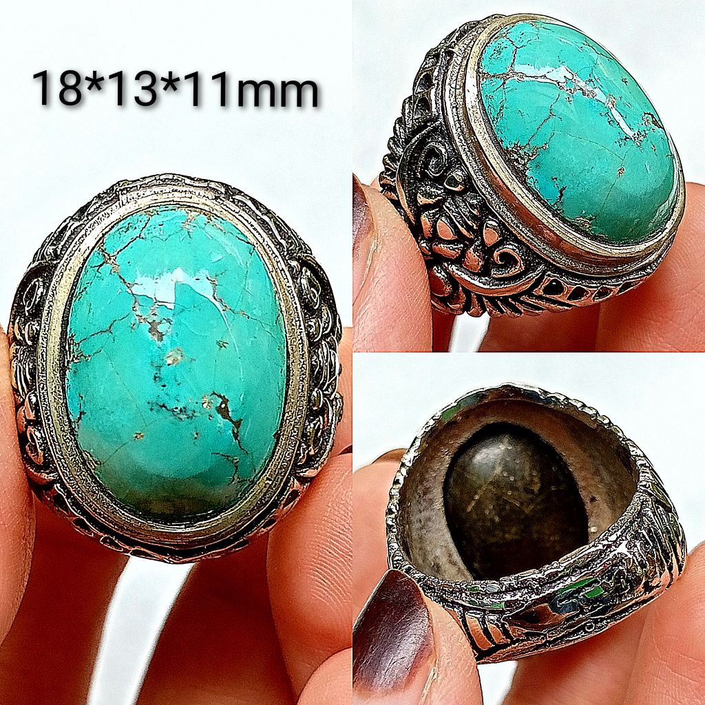 cincin batu pirus Persia mumbul tosca hijau ring alpaka