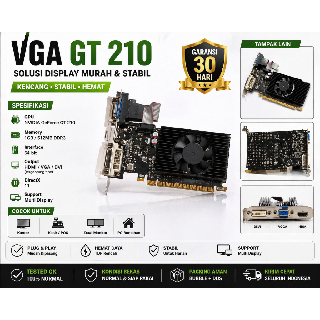 VGA NVIDIA GT 210 1GB/512MB DDR3 64bit HDMI VGA DVI Bekas Normal Tested OK Murah
