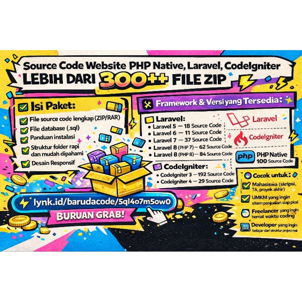 SOURCE CODE WEBSITE (PHP NATIVE, CODEIGNITER, LARAVEL, MYSQL) -- 300++ TEMPLATE