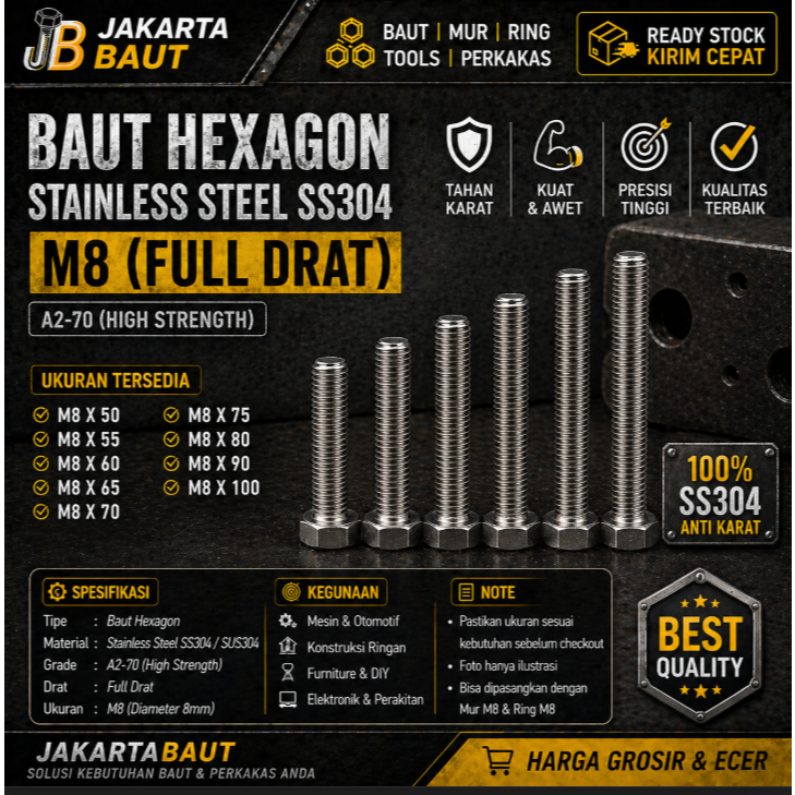 Baut Hex Stainless M8X90 - Baut Hexagon 8X90 / M8 X 90 / 8 X 90  SS304 / SUS304 / A2-70 Full Drat