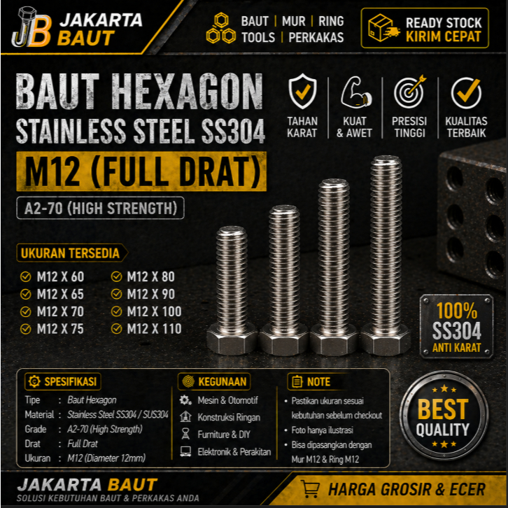 Baut Hex Stainless M12X110 - Baut Hexagon 12X110 / M12 X 110 / 12 X 110  SS304 / SUS304 / A2-70 Full