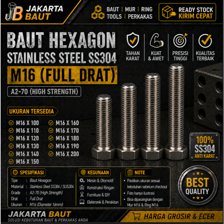 Baut Hex Stainless M16X190 - Baut Hexagon 16X190 / M16 X 190 / 16 X 190  SS304 / SUS304 / A2-70 Full