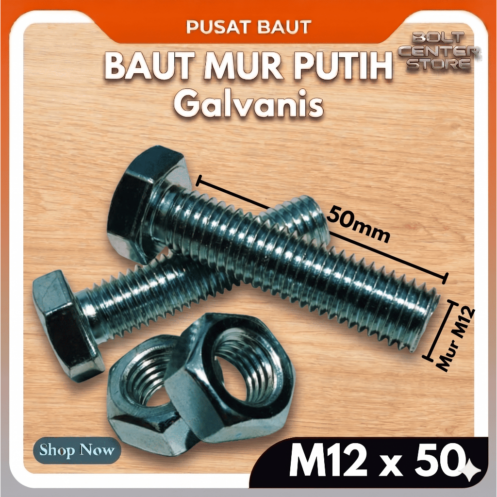 BMP M12x50 Baut Mur Putih M12 x 50mm Hex Galvanis