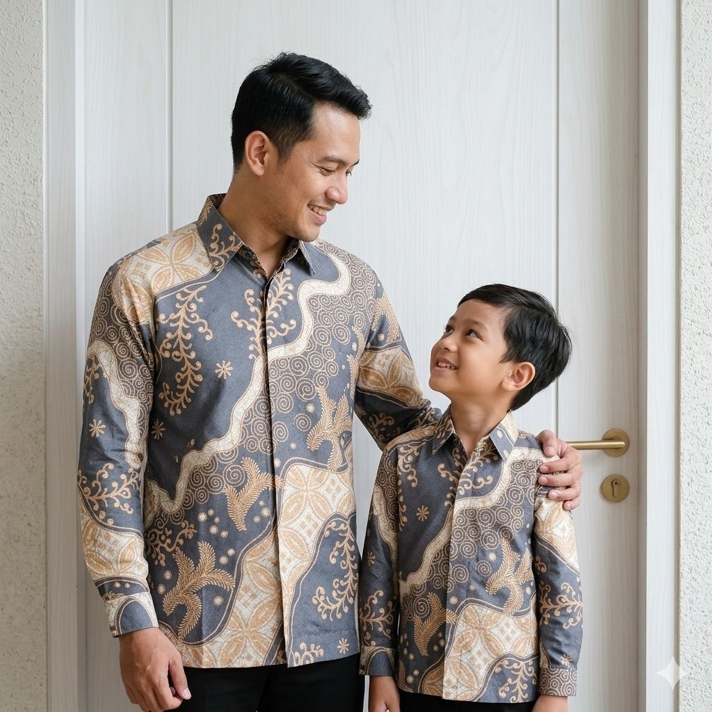 AB20  Batik Pasangan Ayah Anak Katun Premium Warna Abu Abu Cream