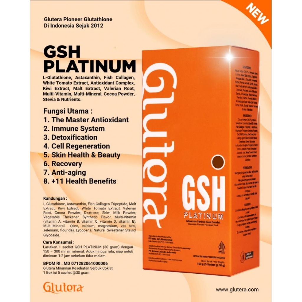 GLUTERA GSH PLATINUM NEW GLUTATHIONE DAN COLLAGEN 5 Sashet @30gr