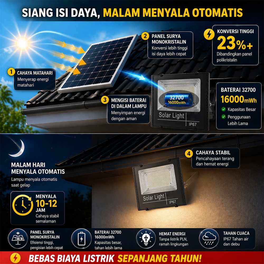 NOVAE Lampu Sorot Tenaga Surya 10000W Lampu Taman Outdoor Lampu Jalan Tenaga Surya Otomatis Nyala