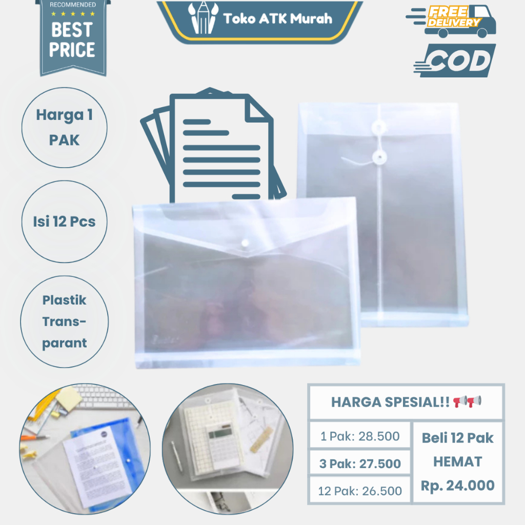 1 Pak Map Plastik Kancing Transparant / Map Plastik Tali Isi 12 Buah Untuk Dokumen Sekolah dan Kanto