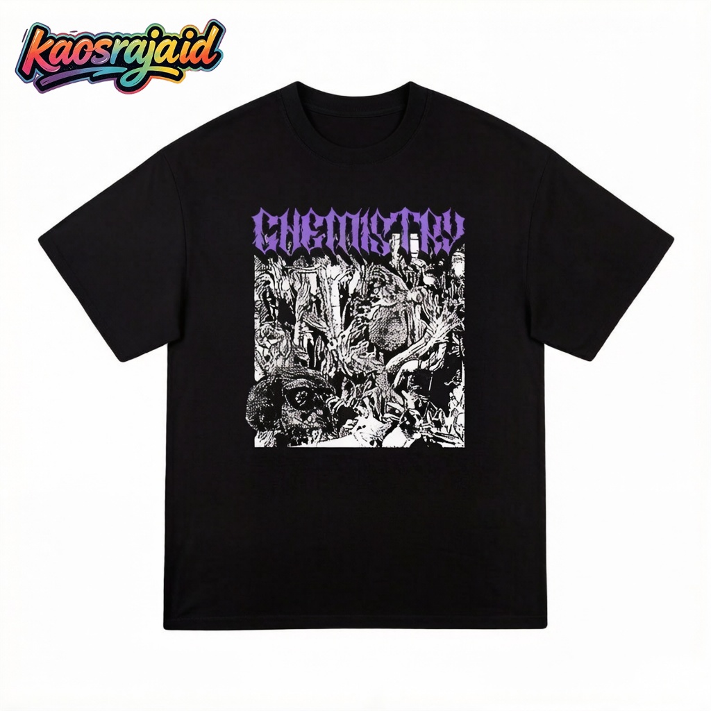 kaosraja.id | Kaos Oversize Desain Grafis Ilustrasi Horor Punk Chemistry Font Metal Ungu | Baju Kasu
