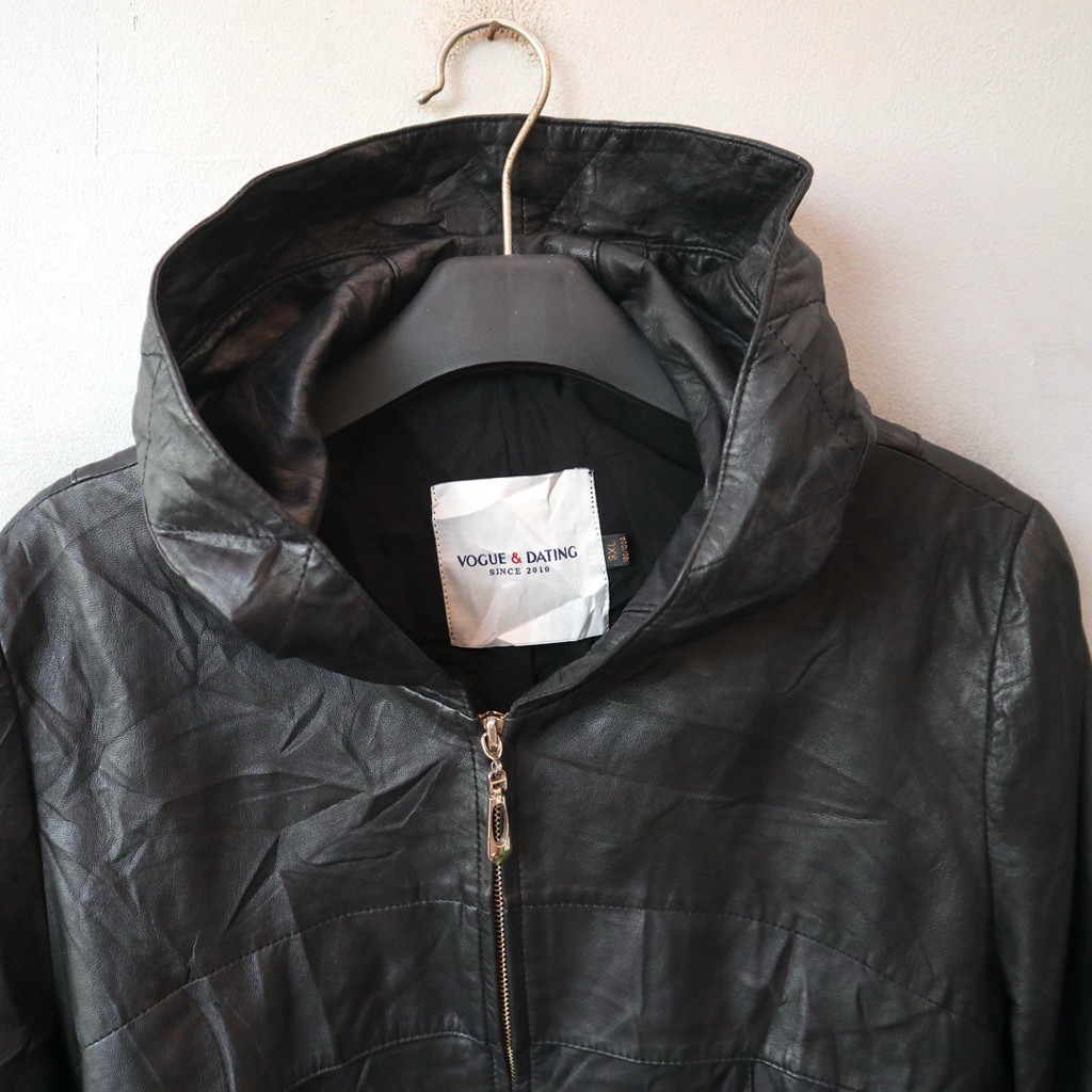 Jaket kulit asli ukuran L domba hoodie berhodie hudi topi embos apple variasi gambar