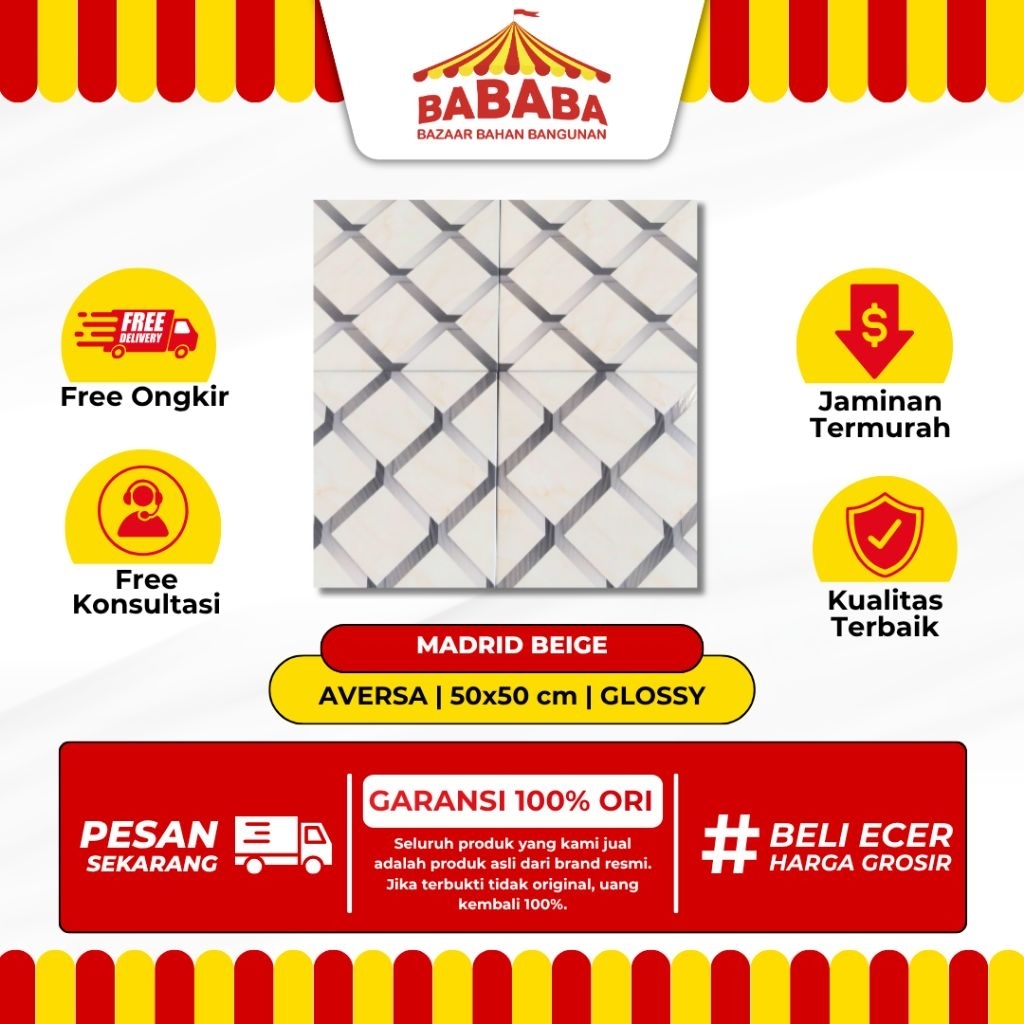 Keramik Lantai Ukuran 50x50 Aversa Madrid Beige I Motif 3D Glossy Keramik Lantai Ruang Kamar Rumah