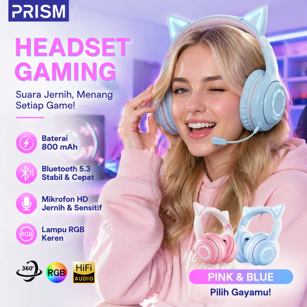 Headset Gaming Bluetooth 5.3 RGB Light With Cat Ears Gaming Headphone With Noise Canceling Mic Hadia