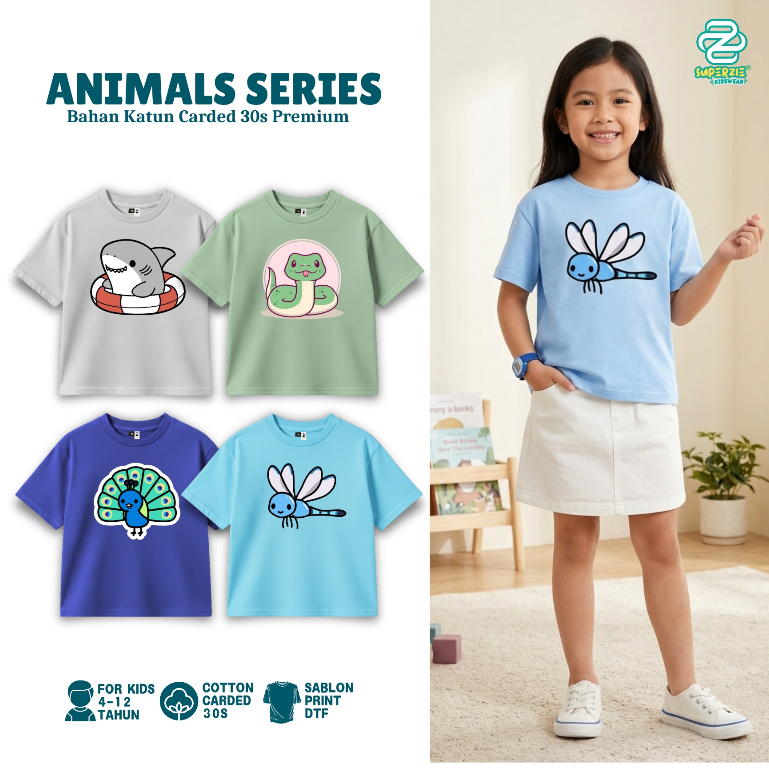 Superzie Kaos Anak Animals Print Trendy | Baju Anak perempuan 4-12 Tahun Casual Stylish