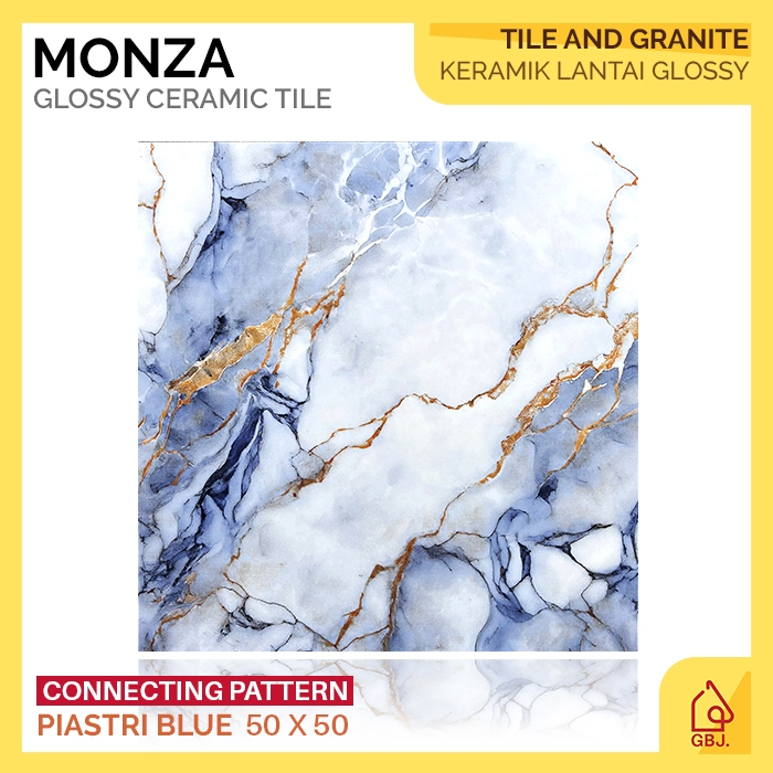 KERAMIK MONZA 50 X 50 PIASTRI BLUE GLOSSY CUTTING / KERAMIK LANTAI MOTIF MARMER GLOSSY