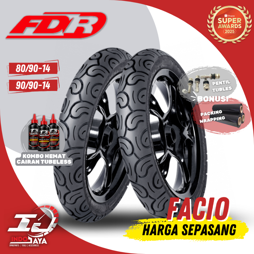 [HARGA SEPASANG] BAN TUBELESS FDR FACIO ( 80/90-14 - 90/90-14 ) RING 14 / R14 / BAN MOTOR LUAR DEPAN