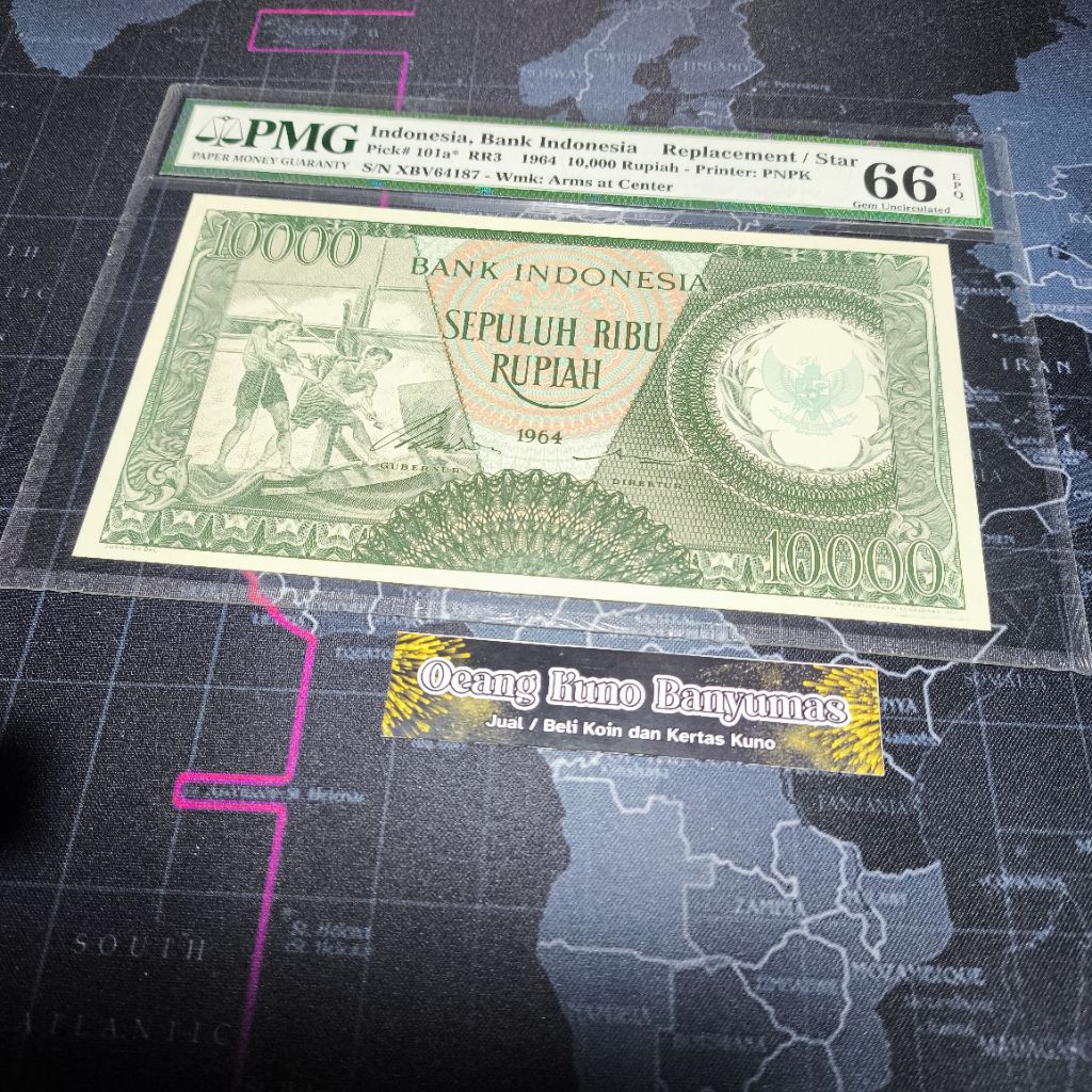 Koleksi 10.000 Rupiah Seri Pekerja Hijau Tahun 1964 Slab PMG Skor 65EPQ