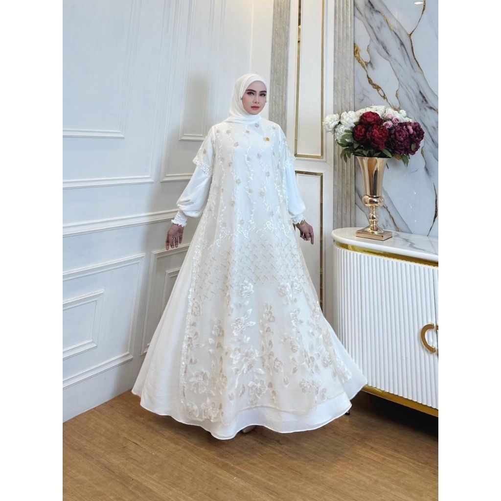 Adha set 2in1 Gamis set hijab Gamis bahan ceuety combi organza bordir 3D+hijab ceruty