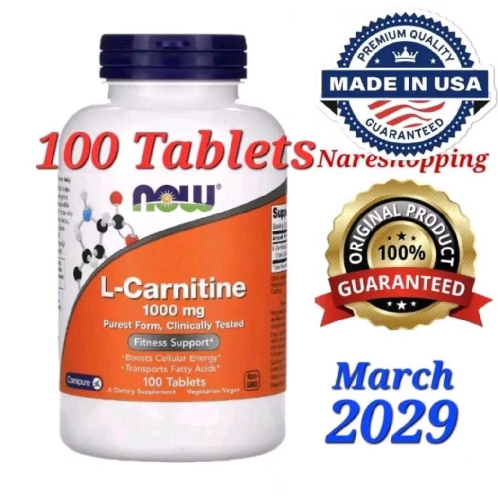 Now USA L-Carnitine 1000 mg 100 Tablets Boosts Cellular Energy Vegan