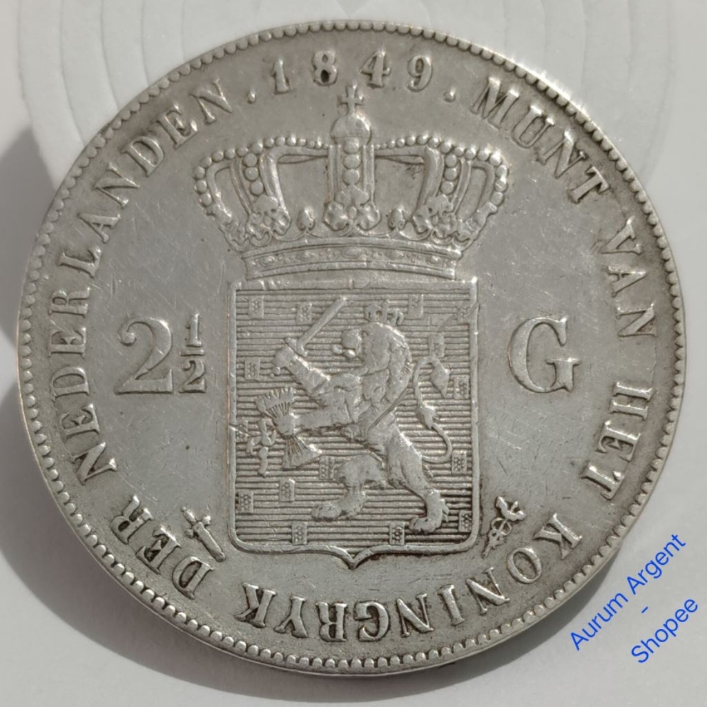 W2.5G.1-- 1 PC KOIN PERAK KUNO ASLI 2.5 GULDEN WILLEM II KONING TH 1849. -- SILVER COIN --