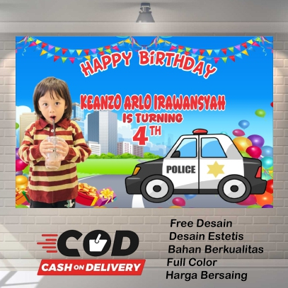 Spanduk Banner Ulang Tahun Anak Happy Birthday Polisi Pistol | Karakter Lucu Murah