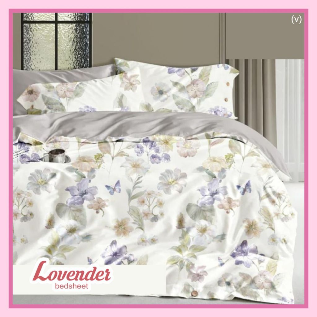 Sprei/Bedcover katun JEPANG putih bunga flower tangkai pastel lilac ungu purple daun leaf elegan dew
