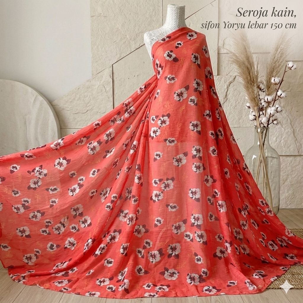 Kain Sifon Ceruty Motif Abstrak Merah - Lebar 150cm Ilh